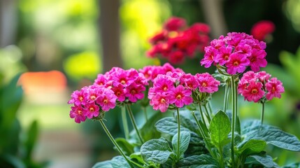 Fototapeta premium Vibrant pink verbena flowers in lush greenery with a blurred background creating a serene garden ambiance