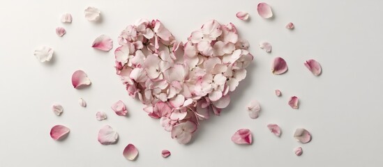 Heart shaped composition of delicate flower petals on a light background symbolizing love and romance for Valentine's Day celebrations