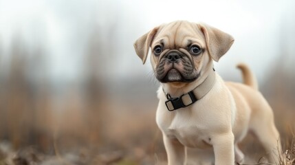 Fototapeta premium Adorable pug puppy with distinct facial features wearing a collar standing outdoors in a natural setting with soft focus background
