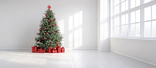 White room decorated for Christmas featuring a green tree with red gifts creating a festive and cheerful atmosphere for the holiday season
