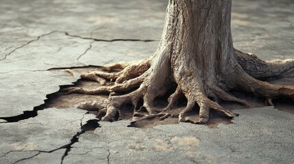 Obraz premium Tree roots breaking through cracked concrete floor symbolizing nature's resilience and the impact of growth on urban environments.