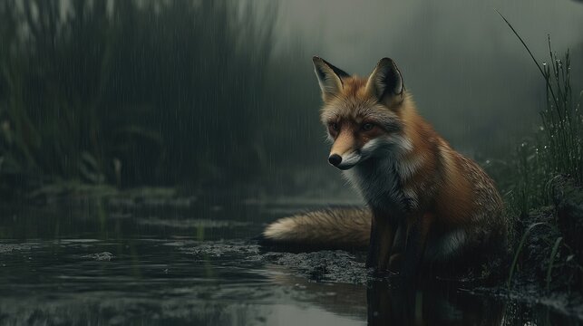 Red fox sitting by a misty pond in the rain capturing the essence of wilderness and adaptability in natural environments