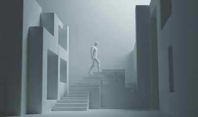 A solitary figure ascends a staircase in a minimalist, monochromatic urban environment, evoking themes of ambition and solitude.