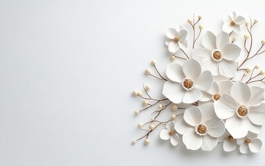 Elegant White Flowers Gold Accents 3D Floral Arrangement Wedding Background Decoration