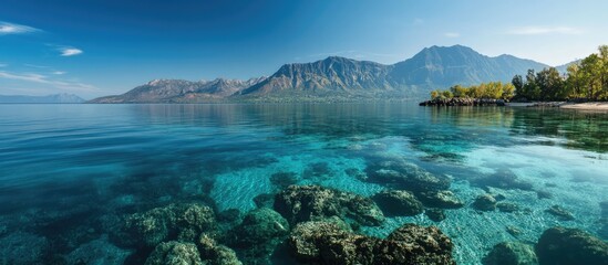 Serene lake view with clear bluish water revealing rocky bottom and mountainous backdrop creating a tranquil and mysterious atmosphere