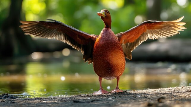 Red duck Ogar displaying its wings by the pond in a tranquil natural setting with soft sunlight filtering through the trees.