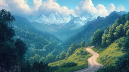 Obraz premium Scenic winding road through lush green mountains with majestic snow-capped peaks and vibrant clouds in a tranquil landscape setting