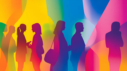 People have deep conversations as vibrant colors swirl, creating an exciting atmosphere