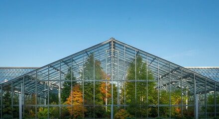Obraz premium Modern glass greenhouse , lush green trees, blue sky , reflective architecture, urban nature