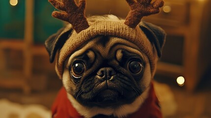 Obraz premium Pug dog dressed in festive reindeer headband with a cozy sweater celebrating the holiday season in a warm setting.