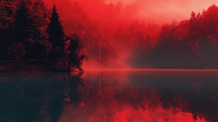 Obraz premium Misty red lake landscape with reflections and dense forest creating an eerie atmospheric scene of nature's vibrant colors and tranquility