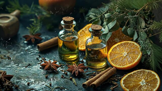 Christmas essential oil concept. Selective focus