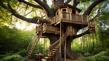  an elaborate treehouse high in a gigantic tree, with ladders, ropes, and secret passages.ai