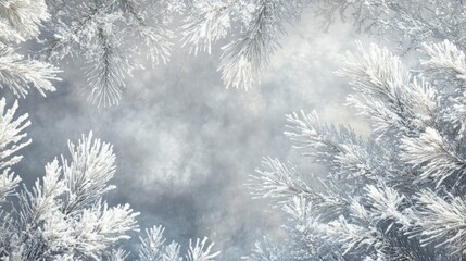 Snowy pine branches frame a tranquil winter forest scene with soft clouds creating a serene backdrop in a peaceful nature setting.