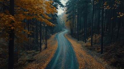 Obraz premium Serene winding road through an autumn forest with vibrant yellow leaves falling on a peaceful landscape