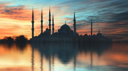 Fototapeta premium Serene sunrise reflection of a mosque with soft focus capturing the motion of sky and water in a tranquil long exposure setting