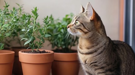 Tabby domestic shorthair cat curiously observing plants in pots from indoor garden space