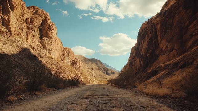 Desert canyon landscape featuring rocky formations and a rugged dirt road beneath a blue sky with scattered clouds