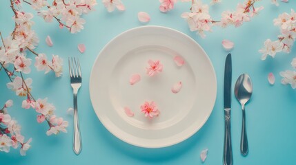 Elegant table setting with floral accents featuring a white plate cutlery and cherry blossom petals on a vibrant blue background