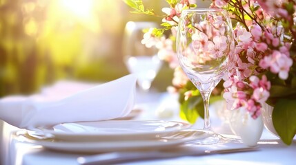 Elegant table setting featuring blooming spring flowers and glassware illuminated by soft sunlight in an outdoor dining atmosphere