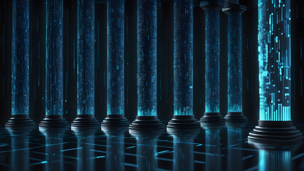 Digital pillars filled with flowing blue data streams and holographic binary code