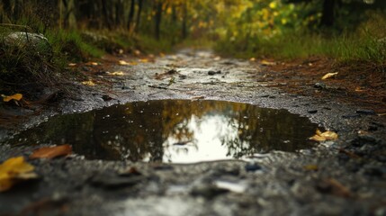 Puddle reflecting trees on a serene moorland path after rain with autumn foliage and tranquil nature setting
