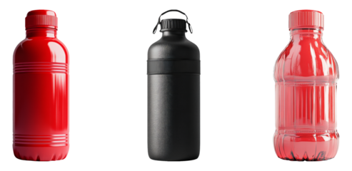 Isolated Red and Black Bottles on Transparent Background for Collection