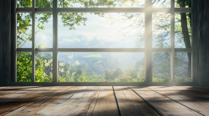 Spacious wooden table with scenic window view and natural light illuminating a tranquil landscape...