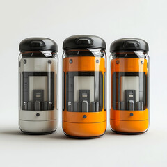 Three futuristic glass containers with internal components.