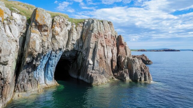 Rocky cliffs with natural caves and vibrant blue rock formations by the serene sea under a picturesque sky.
