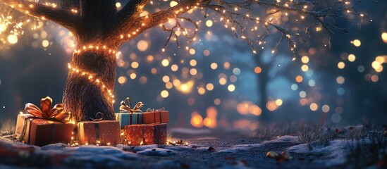 Obraz premium A serene winter scene featuring a decorated tree surrounded by gifts and twinkling lights in a magical outdoor setting.