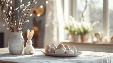Easter table setting featuring decorative eggs, willow branches, and a soft toy bunny in a cozy sunny interior setting.