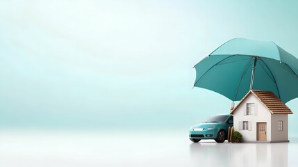 A house and car under a protective umbrella, symbolizing insurance.