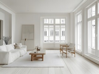 Fototapeta premium Bright and Airy Minimalist Living Room with White Sofa, Natural Wood Furniture, Large Windows, and Neutral Decor in Modern Interior Design Style