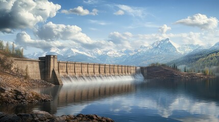 Majestic reservoir showcasing engineering excellence with a backdrop of mountains and serene waters under a clear blue sky