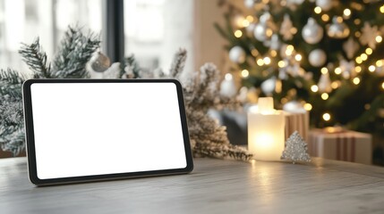 tablet on table with blank screen surrounded by festive decorations and soft lighting for mockup display during holiday season