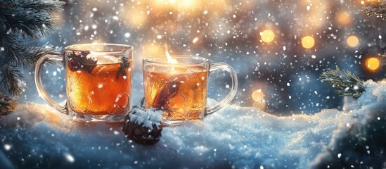 Rustic Christmas Eve scene with glass mugs of mulled wine surrounded by snowfall and festive lights creating a warm holiday atmosphere