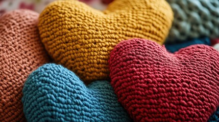 Colorful heart-shaped knitted pillows beautifully arranged showcasing the art of knitting and crocheting in a cozy setting