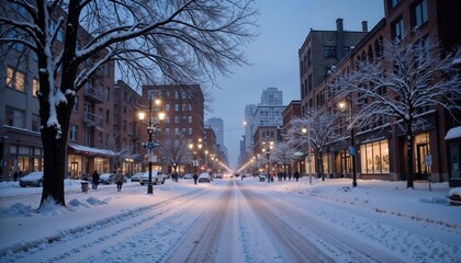 City Street Under Snowfall Representing Winter Urban Serenity