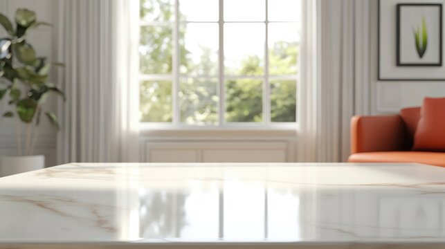 Elegant Marble Table Top with Blurred Greenery Background in Cozy Living Room Setting