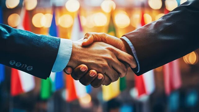 handshake on a background of flags close-up. Selective focus