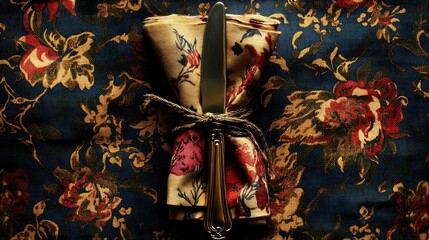 Elegant table setting with knife and fork wrapped in floral napkin against dark background for dining or event theme imagery.