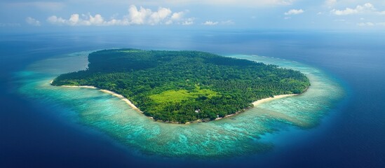 Aerial view of a lush tropical island surrounded by vibrant blue waters and pristine beaches under a clear sky