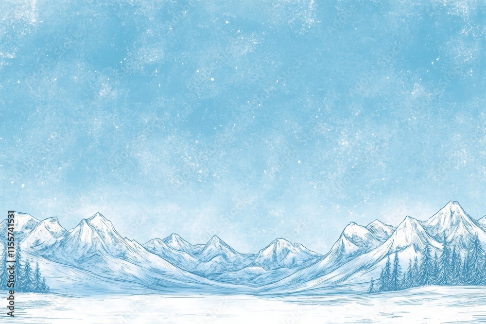 Fototapete charming winter landscape featuring snowy mountains and pine trees in a minimalist design with plent