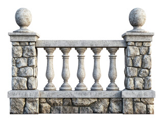 Fototapeta premium Stone Fence With Pillars And Ornaments Front View Isolated