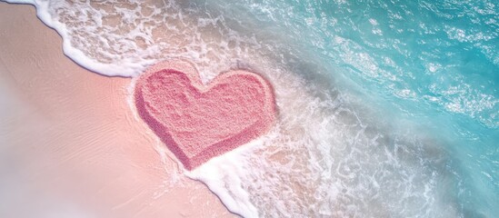 Fototapeta premium Heart shape created in pink sand on a beautiful seashore with turquoise waves gently washing the shoreline and enhancing the romantic atmosphere.