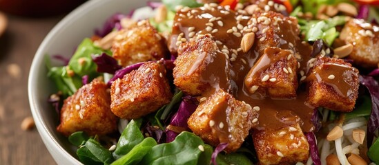 Asian mixed salad with crispy tofu, topped with rich peanut sauce and garnished with sesame seeds for a flavorful dish.
