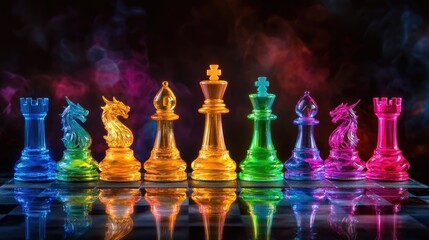 Colorful Chess Pieces on a Reflective Board