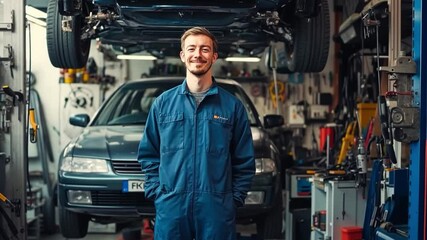 A mechanic stands proudly in a busy garage. The atmosphere is filled with the essence of hard work and automotive expertise. This image captures the spirit of craftsmanship. Generative AI