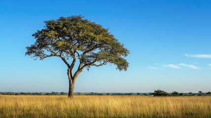 Fototapeta premium Lone tall tree standing majestically in an open grassland under a clear blue sky showcasing nature's beauty and tranquility